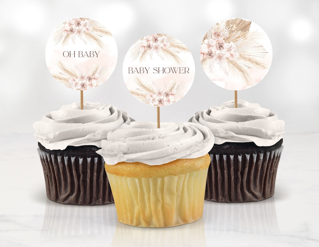 Boho Floral Baby Shower Cupcake Toppers Decoration Muted Pink Etsy