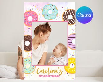 Donut Birthday Photo Booth Decor Girl Donut Miss the Sweet Celebration Photo Frame Pink and Gold Digital Editable Template Printable