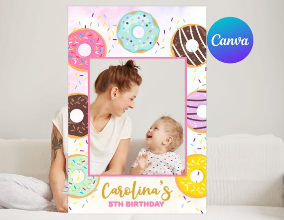 Donut Birthday Photo Booth Decor Girl Donut Miss the Sweet Celebration Photo Frame Pink and Gold Digital Editable Template Printable
