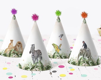 May include: Four colorful party hats with jungle animal designs. The hats are white with green leaves and feature a lion, zebra, parrot, and monkey riding an elephant.