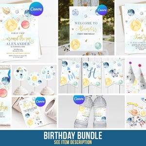 Puede incluir: Un paquete de fiesta de cumpleaños imprimible con temática espacial. El paquete incluye invitaciones, tarjetas de agradecimiento, etiquetas para botellas de agua, adornos para cupcakes, una pancarta y sombreros de fiesta. El diseño presenta planetas, estrellas, cohetes y astronautas en tonos azules, amarillos y dorados.