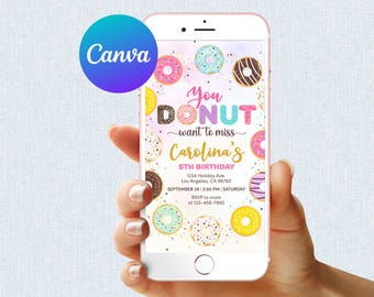 Donut verjaardagsuitnodiging meisje Donut Miss the Sweet Celebration nodig roze en goud digitaal bewerkbare mobiele telefoon elektronische e-mail tekst SMS
