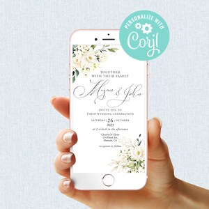 Hochzeit Evite Vorlage Sofortiger Download Bearbeitbare Digitale Blumen Gold Weiße Rosen Handy Elektronische E-Mail SMS Text Einladung