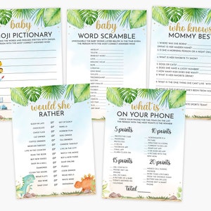 Set of 5 Baby Shower Games Printable Dino Rawr It&#39;s a Boy Cute Little Dinosaur Hatching Jurassic Greenery Decor Instant Download Digital