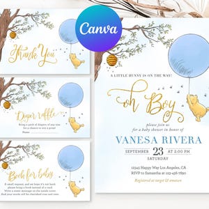 Invitation classique de baby shower Winnie l'ourson, ballon bleu, invitation imprimable modifiable, carte de demande de livre tombola de couches-culottes