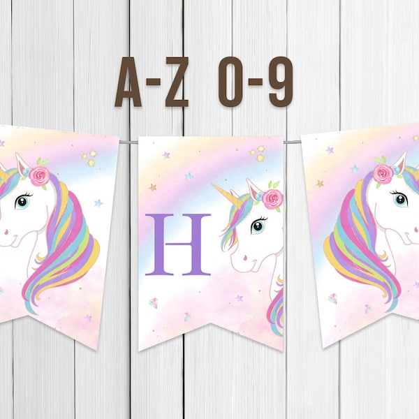 Printable Banner Letters A to Z Birthday Party Decoration Unicorn Girl Gold and Pink Rose Magical Party Stars Decor Digital Instant Download