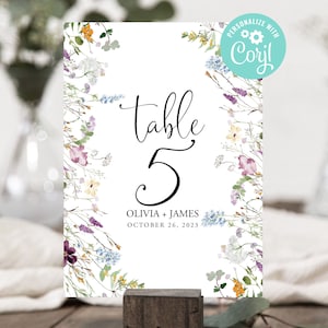 Hochzeit Tischnummern Vorlage druckbare bearbeitbare digitaler Download oder gedruckt Wildblumen Blumen Boho Garten Country Corjl
