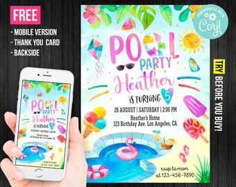 Swimming Pool Party Birthday Invitation Girl Printable Summer Beach Party Thank You Card Editable Template Instant Download Digital Printed