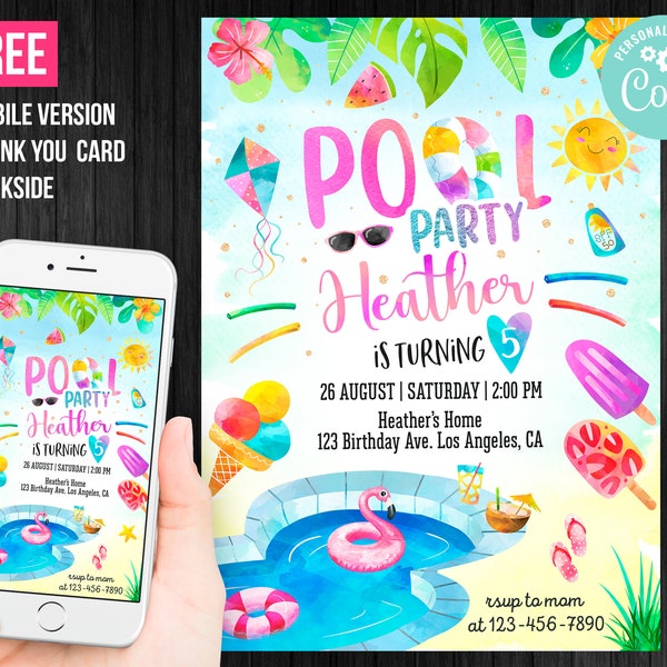 Swimming Pool Party Birthday Invitation Girl Printable Summer Beach Party Thank You Card Editable Template Instant Download Digital Printed