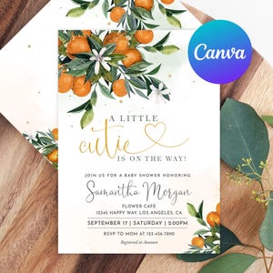 Invitación para baby shower &quot;A Little Cutie is on the Way&quot; Invitación para baby shower con clementina, naranja y cítricos Plantilla editable imprimible Impresión digital
