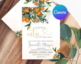 A Little Cutie is on the Way Baby Shower Invitation Clementine Orange Citrus Baby Shower Invite Printable Editable Template Digital Printed