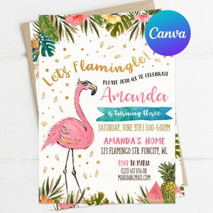 Flamingo Birthday Invitation Tropical Summer Party Invitation Let&#39;s Flamingle Birthday Invitation Editable Template Instant Download Digital