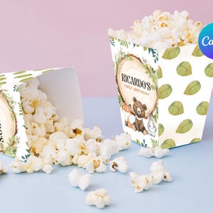 Woodland Animals First Birthday Popcorn Bags Party Animals Popcorn Box Wild Forest Greenery Candy Box Digital Printable Editable Template