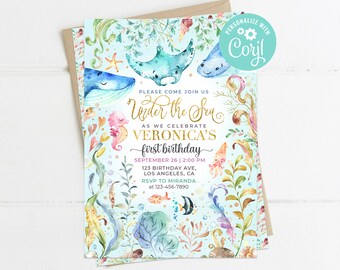 Under the Sea First Birthday Invitation Girl Ocean Life Animals Party Invite Whale Sea Horse Printable Editable Template Digital or Printed