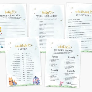 Set of 5 Baby Shower Games Printable Party Decoration Winnie the Pooh Piglet Tigger Eeyore Hunny Party Decor Instant Download Digital