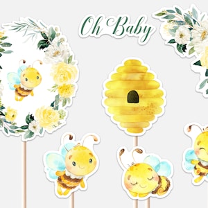 Little Honey Bee Centerpieces Baby Shower Oh Baybee Summer Gold and Yellow Flowers Garden Party Decor Cutouts Cake Topper Printable Digital