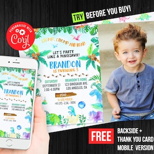 Dinosaur Birthday Invitation Boy Photo Picture Instant Download Stomp Chomp and Roar Thank You Card Editable Template Digital or Printed