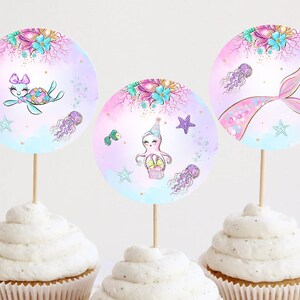 Mermaid First Birthday Girl Cupcake Toppers Decoration Mermaid Tail Ocean Life Under the Sea Party Decor Printable Digital Instant Download