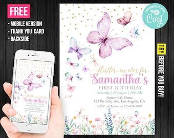 Butterfly First Birthday Invitation Girl Printable First Birthday Party Invite Flowers Editable Template Instant Download Digital Printed