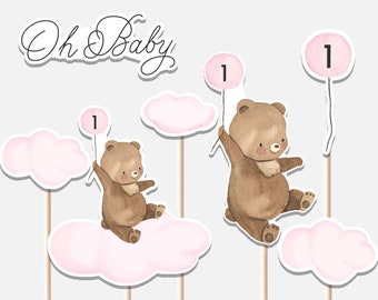 Beary First Birthday Centerpieces Teddy Bear 1st Birthday Girl Pink Balloon Cutouts Cake Topper Printable Digital