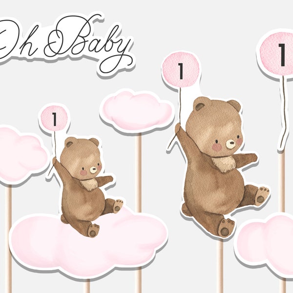 Beary First Birthday Centerpieces Teddy Bear 1st Birthday Girl Pink Balloon Cutouts Cake Topper Printable Digital