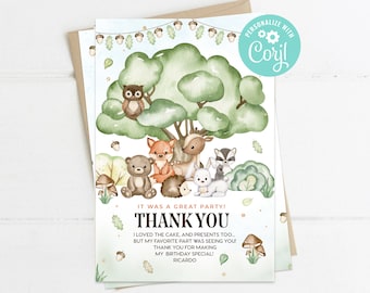 Könnte beinhalten: Eine Wald-Danksagungskarte mit einer Aquarell-Illustration einer Gruppe von Tieren, darunter ein Bär, ein Fuchs, ein Reh, eine Eule, ein Kaninchen und ein Igel, die sich um einen Baum versammelt haben. Die Karte enthält den Text "Es war eine tolle Party! Danke" und "Ich habe den Kuchen und die Geschenke geliebt... aber mein Lieblingsteil war es, dich zu sehen! Danke, dass du meinen Geburtstag so besonders gemacht hast! Ricardo."