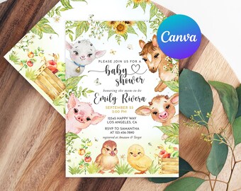 Può includere: Un invito per un baby shower con illustrazioni ad acquerello di animali della fattoria, tra cui una capra, un maiale, un cavallo, una mucca e pulcini. L'invito include il testo "baby shower" e i dettagli per Emily Rivera.