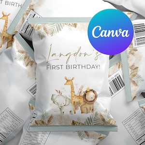 First Birthday Chip Bags Wild One Boho Safari Animals Party Lion Giraffe Dried Floral Digital Printable Editable Template Instant Download