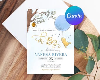 Classic Winnie the Pooh Baby Shower Invitation Boy Hunny Blue Balloon Invite Printable Editable Template Digital or Printed Invites