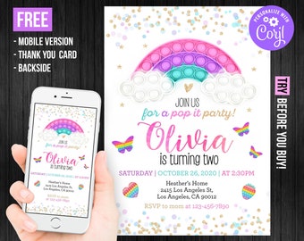 Pop It Birthday Invitation Girl Electronic Instant Download Rainbow Thank You Card Pop Fidget Invite Editable Template Corjl Digital Printed