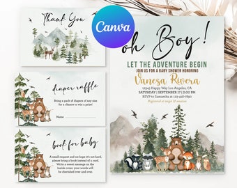 Let the Adventure Begin Baby Shower Invitation Oh Boy Woodland Animals Printable Editable Thank You Diaper Raffle Book Request Card Canva
