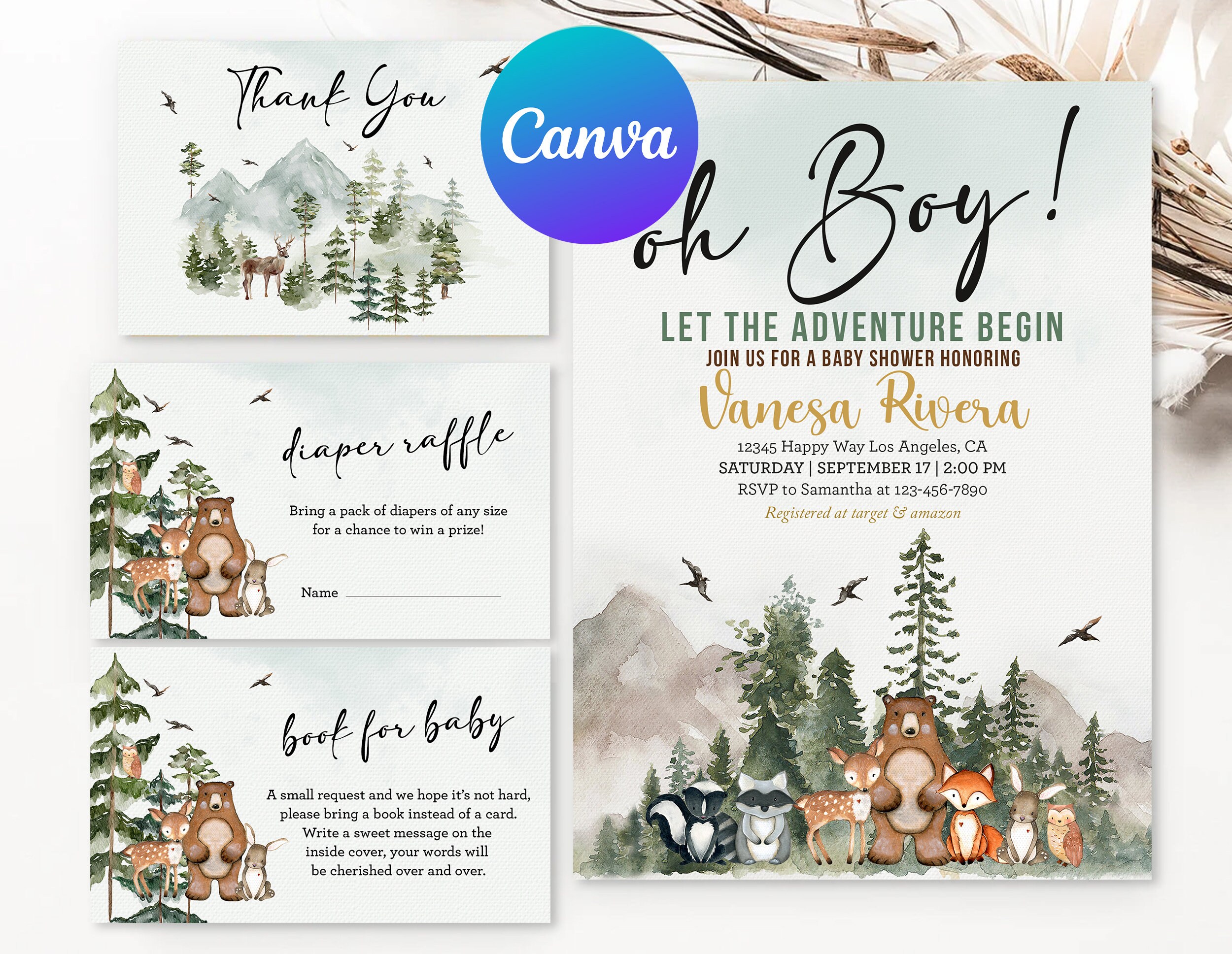 Invitación para baby shower con texto "Que comience la aventura", animales del bosque, imprimible, editable, agradecimiento, libro de rifa de pañales, solicitud de tarjeta Canva