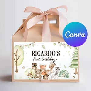 Etiquetas para caixa de empena de primeiro aniversário de animais da floresta, chamando todos os animais de festa, caixa de favores, adesivo, floresta selvagem, modelo digital para impressão editável