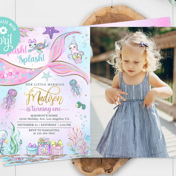 Mermaid Birthday Invitation Card Photo Picture Girl Mermaid Tail Ocean Life Under the Sea Invite Seabed Editable Template Digital Printable