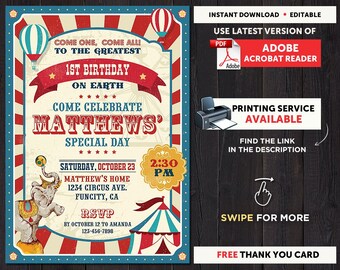 Carnival First Birthday Invitation Boy Circus Party Invitation Digital Printed Invites Thank You Card Editable Template Instant Download