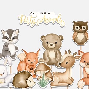 Calling All Party Tiere Mittelstücke Waldtiere Erster Geburtstag niedlich Fuchs Bär Eule Rehkitz Waschbär Ausschnitte Cake Topper Printable Digital Bild 1