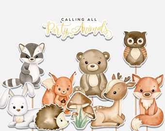 Calling All Party Animals Centerpieces Woodland Animals First Birthday Cute Fox Bear Owl Fawn Raccoon Cutouts Cake Topper Printable Digital