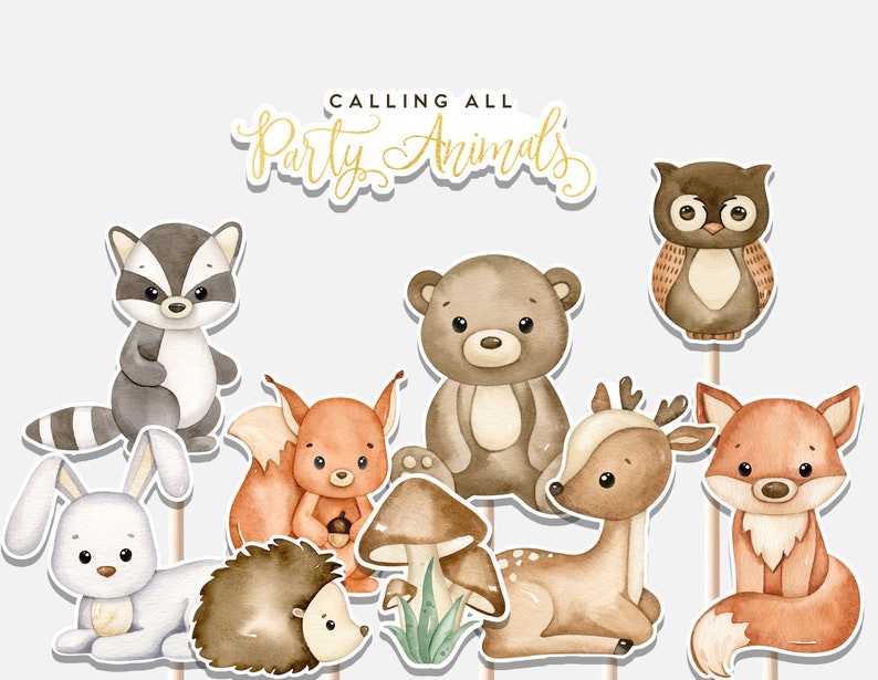 Calling All Party Tiere Mittelstücke Waldtiere Erster Geburtstag niedlich Fuchs Bär Eule Rehkitz Waschbär Ausschnitte Cake Topper Printable Digital Bild 1