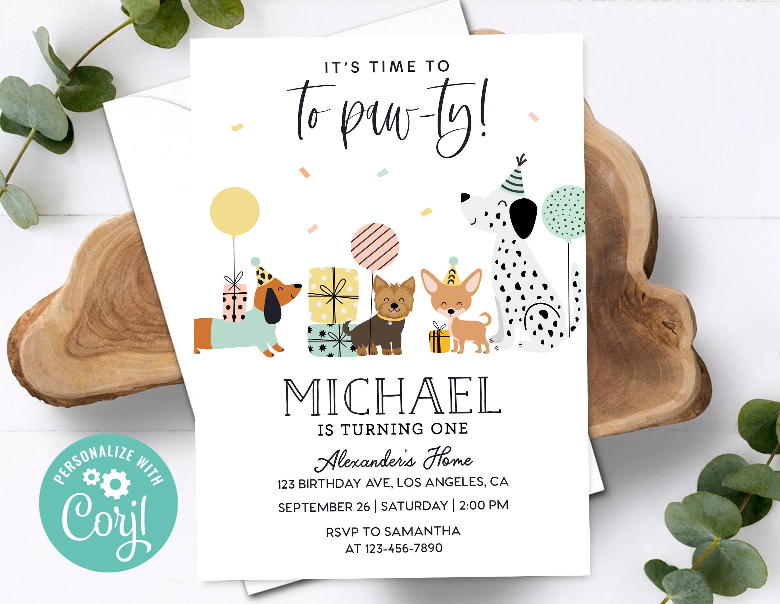 Puppy Pawty First Birthday Invitation Boy Animal Doggy Party Invite ...