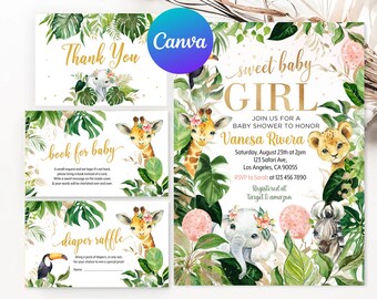 May include: A set of printable baby shower invitations with a jungle theme. The invitations feature a giraffe, lion, elephant, and zebra with floral headbands. The text on the invitations reads "Sweet Baby Girl", "Join us for a baby shower to honor Vanesa Rivera", and "Saturday, August 23rd at 2pm".