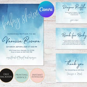 Invitation aquarelle bleue pour baby shower, téléchargement immédiat pour garçon, carte de demande de livre de tombola de couches-culottes modifiables, toile
