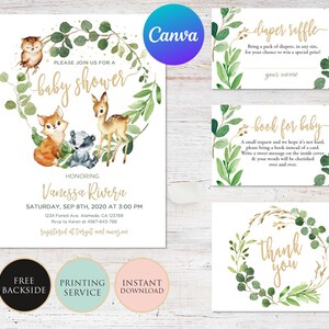 Carte de demande de livre pour baby shower, animaux de la forêt, sexe neutre, imprimable en téléchargement immédiat, modifiable, merci