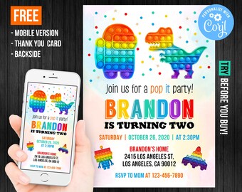 Pop It Birthday Invitation Boy Electronic Instant Download Rainbow Thank You Card Pop Fidget Invite Editable Template Corjl Digital Printed