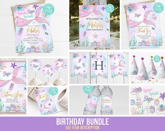 Mermaid First Birthday Party Decorations Bundle Girl Under Sea Ocean Life Invitation Digital Editable Banners Template Printable Thank You