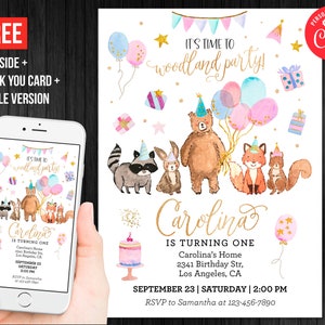 Woodland Animals First Birthday Invitation Girl Printable First Birthday Party Invite Editable Template Instant Download Digital Printed