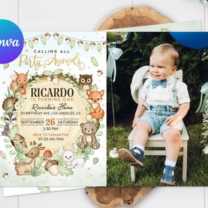 Carte d'invitation premier anniversaire animaux de la forêt, photo appelant à tous les fêtards, modèle modifiable rustique, imprimable numérique