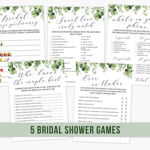 5 Modern Bridal Shower Games Bundle Set Printable Emoji Pictionary Wedding Template Over or Under Greenery Eucalyptus Leaves Green Botanical
