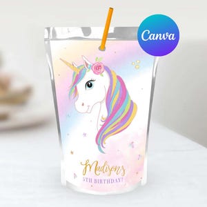 May include: A colorful juice box label featuring a unicorn with a rainbow mane and a floral crown. The label has a watercolor background with gold glitter stars and the text "Madison's 5th Birthday!"