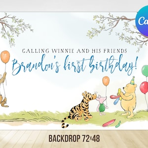 Classic Winnie the Pooh First Birthday Backdrop Boy Piglet Tigger Balloons Decoration Printable Editable Template Digital Printable