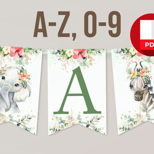 Printable Banner Letters Baby Shower Decoration Wild One Safari Animals Jungle Greenery Birthday Letters A to Z Digital Instant Download